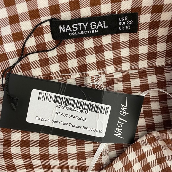 NWT NASTY GAL Brown Gingham Plaid Trouser Pants Retro 70s Style High Waist - Picture 7 of 10